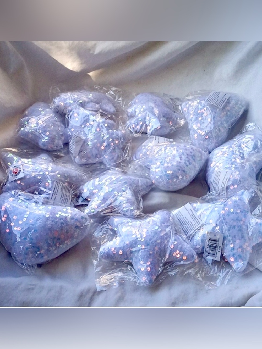 6 White Velvet &  Iridescent Sequins Lg Ornaments Christmas New